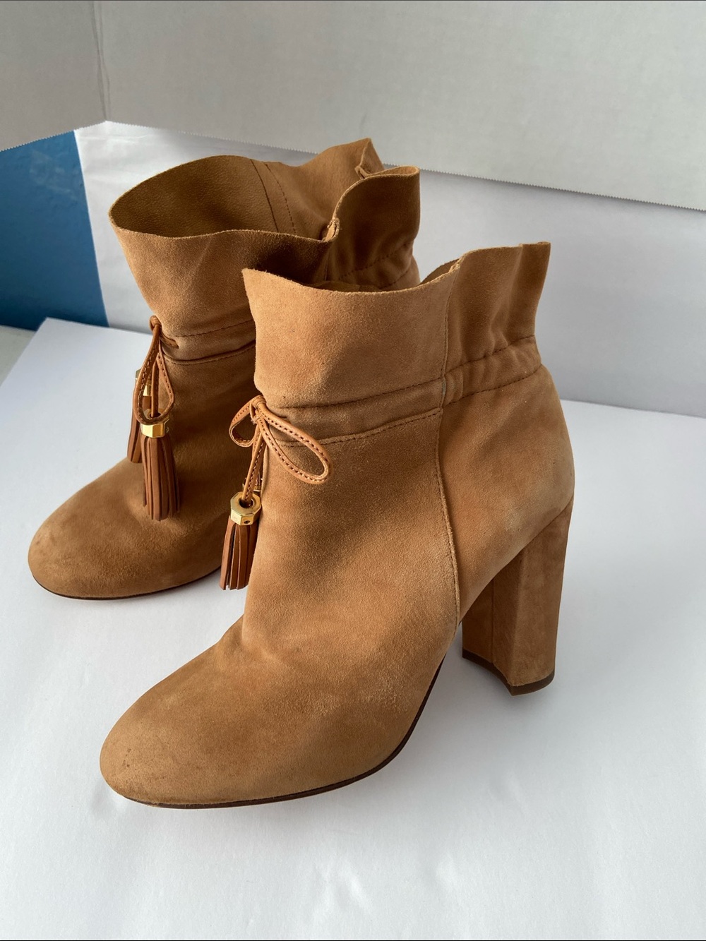 Louise et Cie Tan Suede Tassel Block Heel Booties